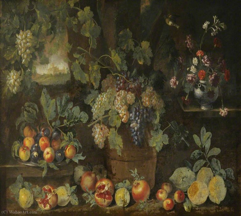 Still Life With Fruit And Flowers In A Landscape, In The Centre, A Tub Filled With Grapes — Michele Pace Del Campidoglio