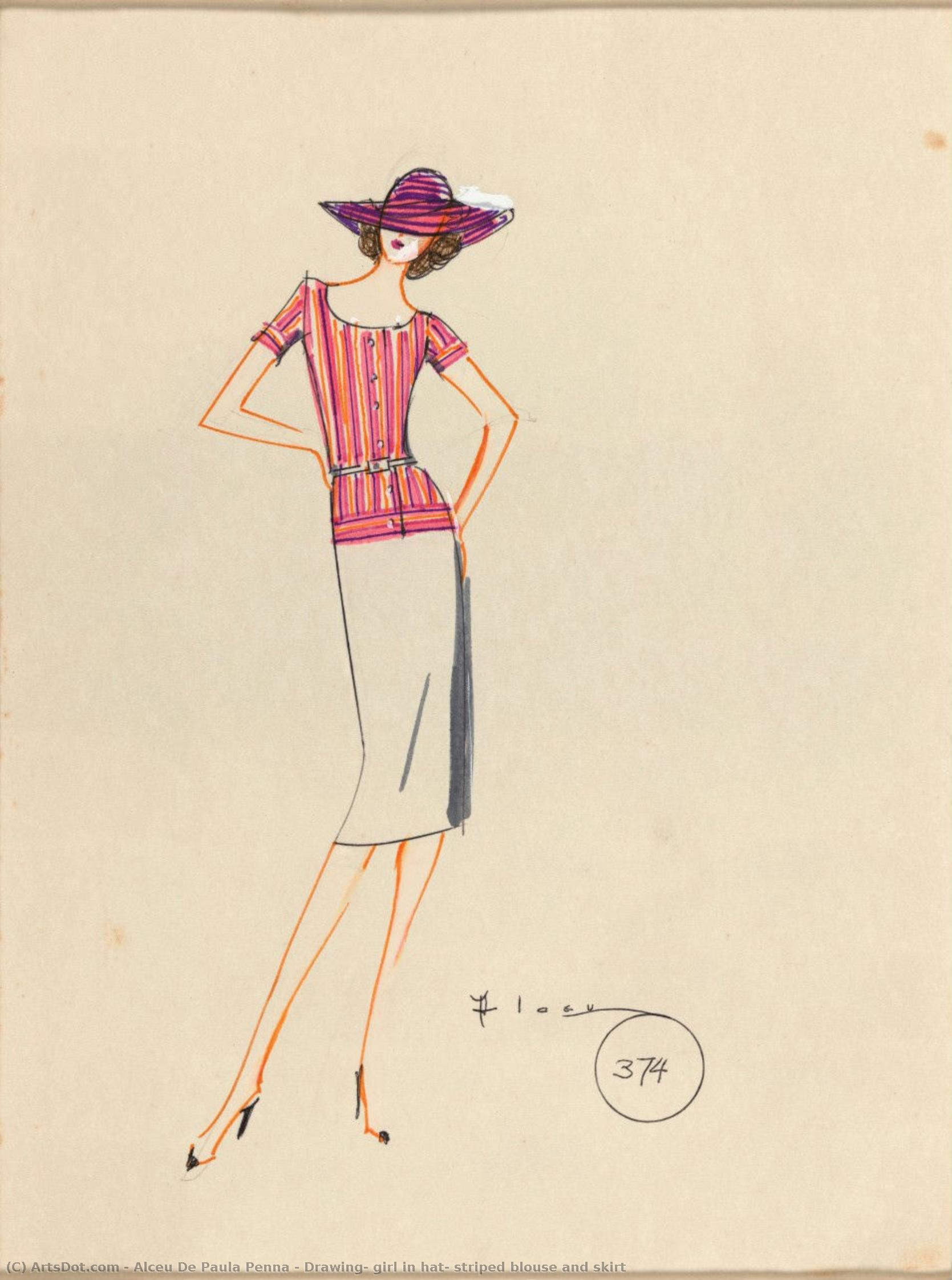 Drawing, Girl In Hat, Striped Blouse And Skirt — Alceu De Paula Penna