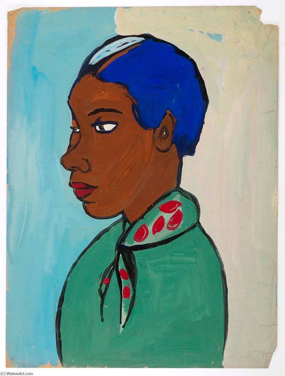 Bust Of Woman With Blue Hair And Green And Red Scarf — William H. Johnson
