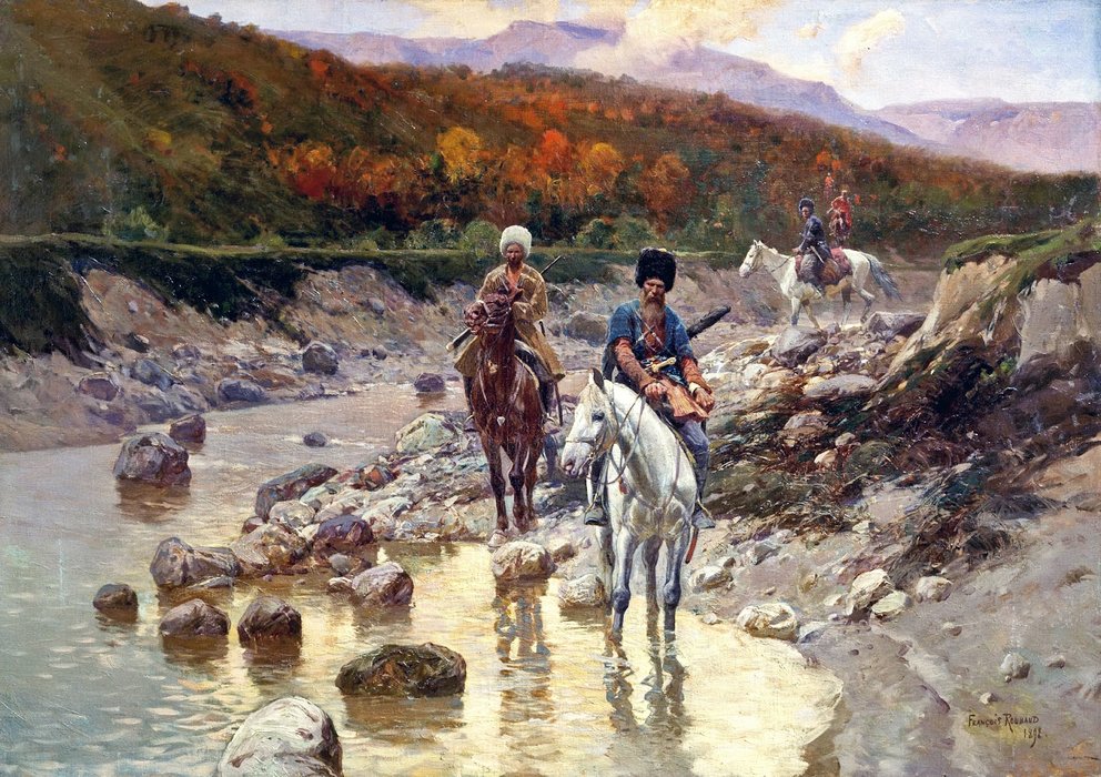 Cossacks In A Mountain River — Франц Алексеевич Рубо