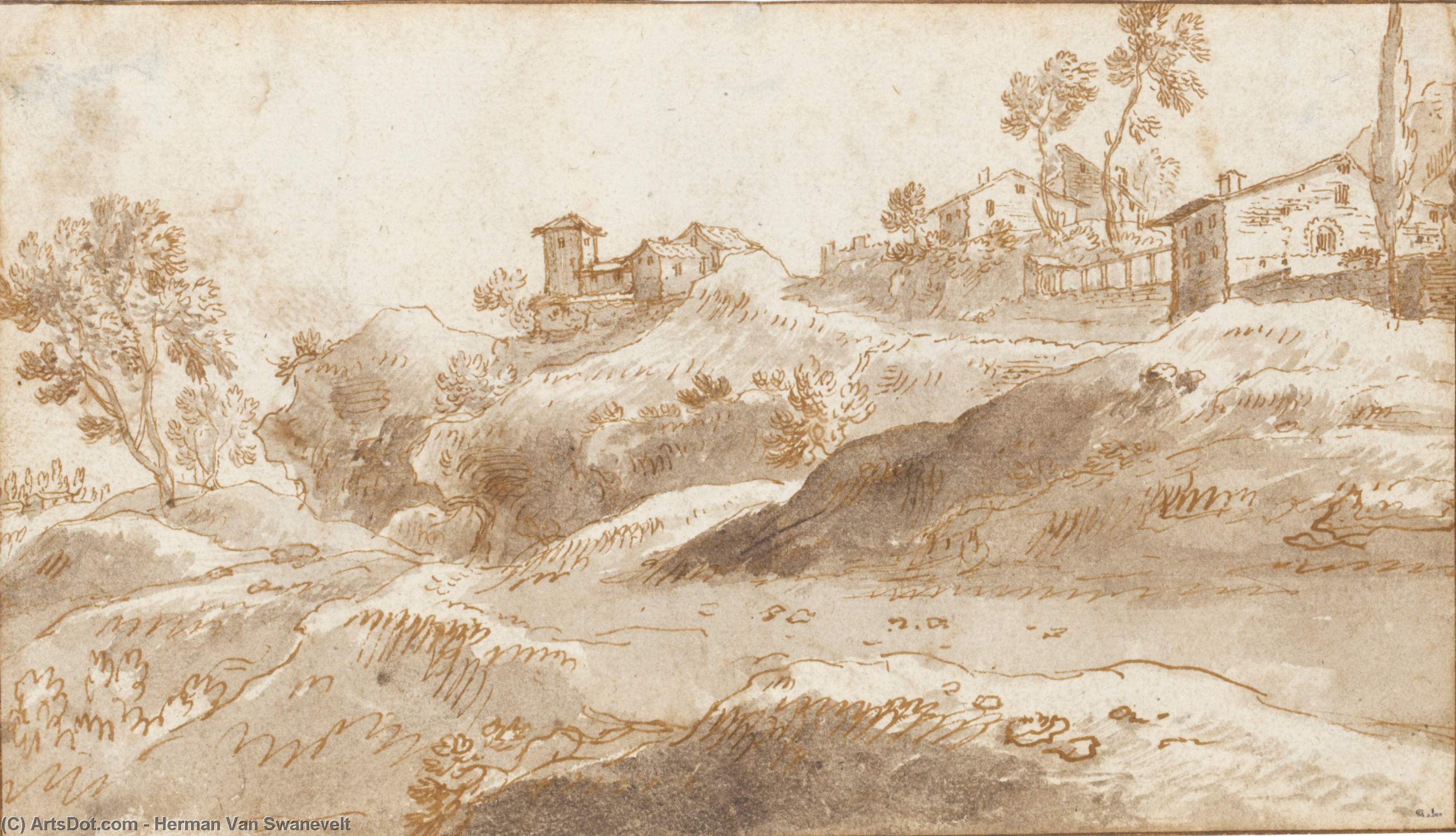 Rugged Italianate Landscapes With Hilltop Farm Buildings — Herman Van Swanevelt