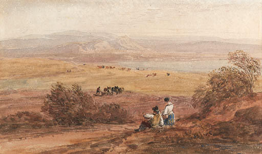 Figures In A Rural Landscape With The Sea Beyond — David Cox