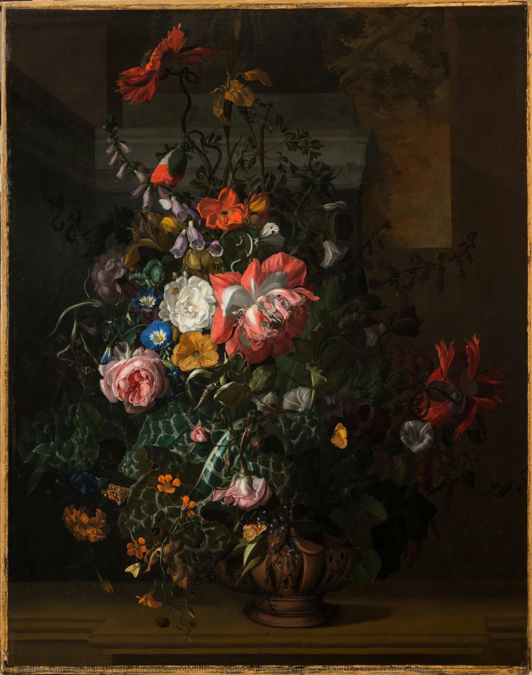 Roses, Convolvulus, Poppies, And Other Flowers In An Urn On A Stone Ledge — Rachel Ruysch