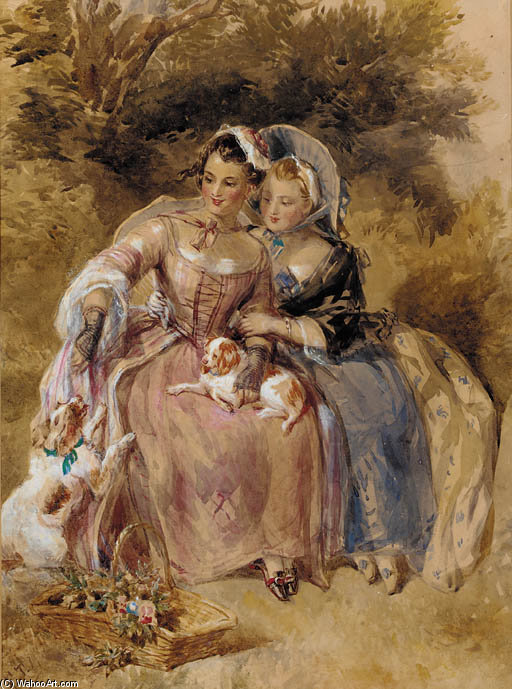 Two Young Ladies Seated In A Wooded Landscape With Two King Charles Spaniels — John Frederick Tayler