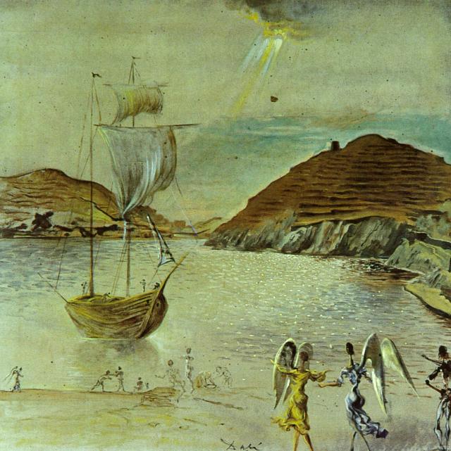 Landschaft Von Port Lligat Mit Häuslichen Engeln Und Fischer, 1950 — Salvador Dalí