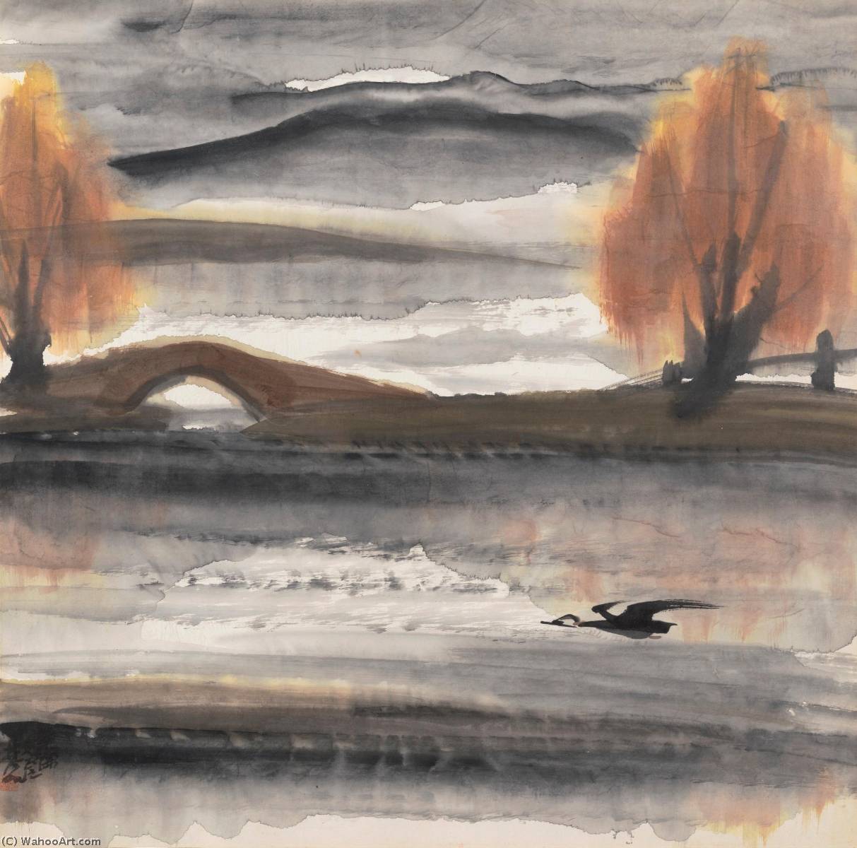 Flying Duck By The Bridge — Lin Fengmian Flying Geese Over The Lotus Pond