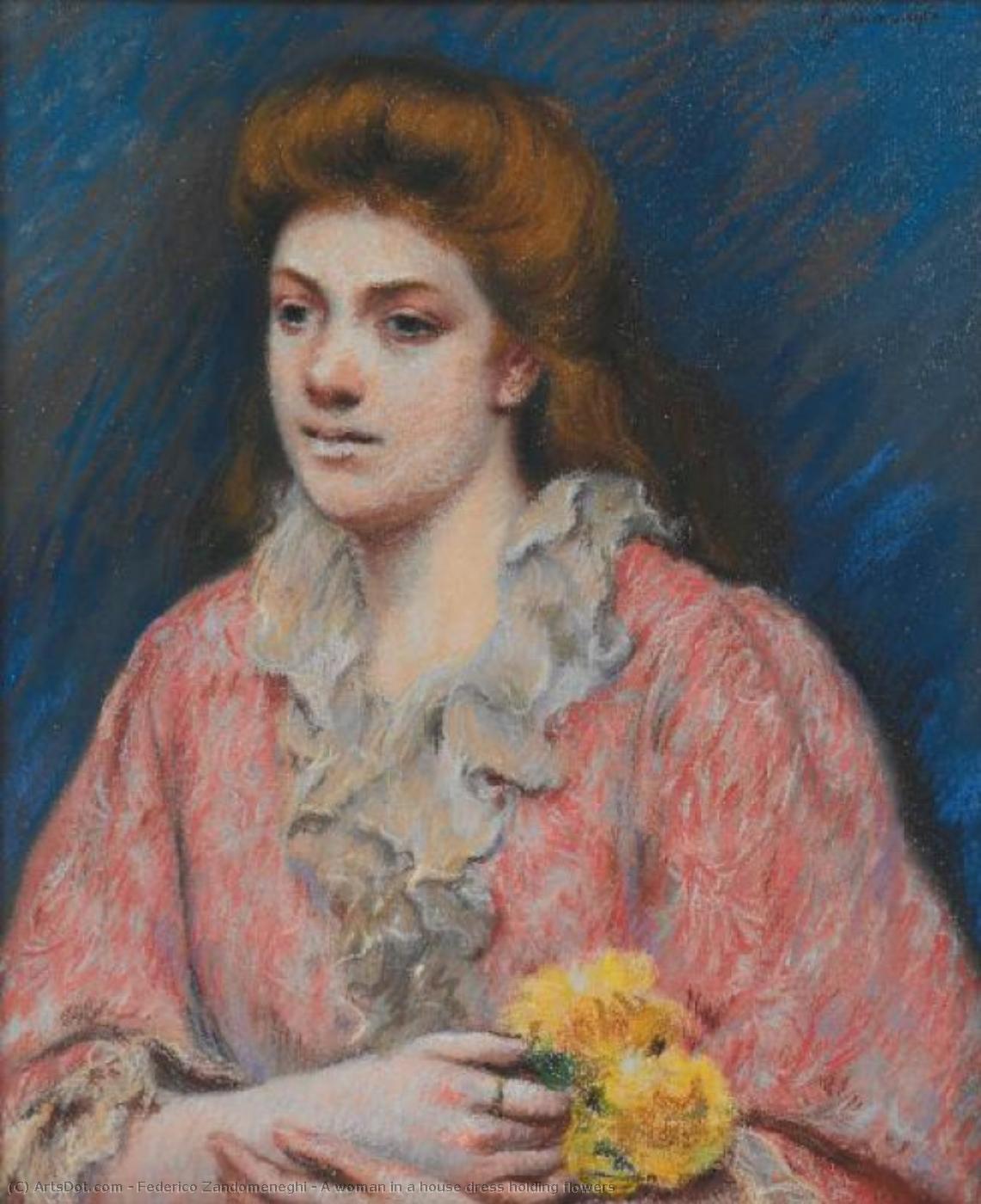 A Woman In A House Dress Holding Flowers — Federico Zandomeneghi