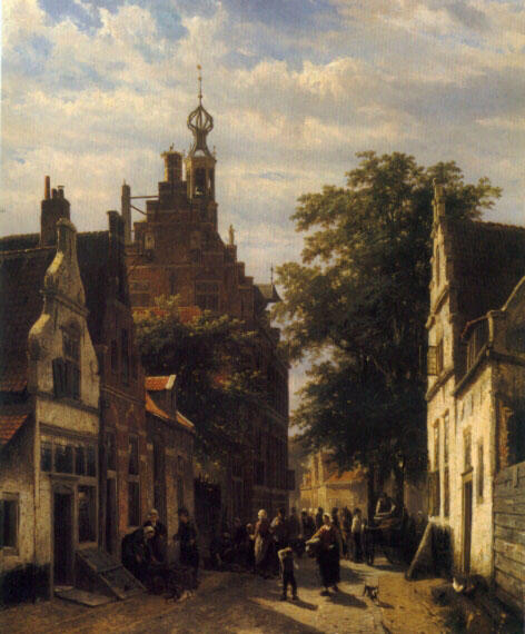 Figures In A Street In Delft — Cornelis Springer