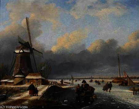 Skaters On A Frozen River — Nicolaas Johannes Roosenboom