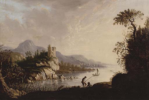 River Landscape With Fishermen In The Foreground, A Castle Beyond — Abraham Pether