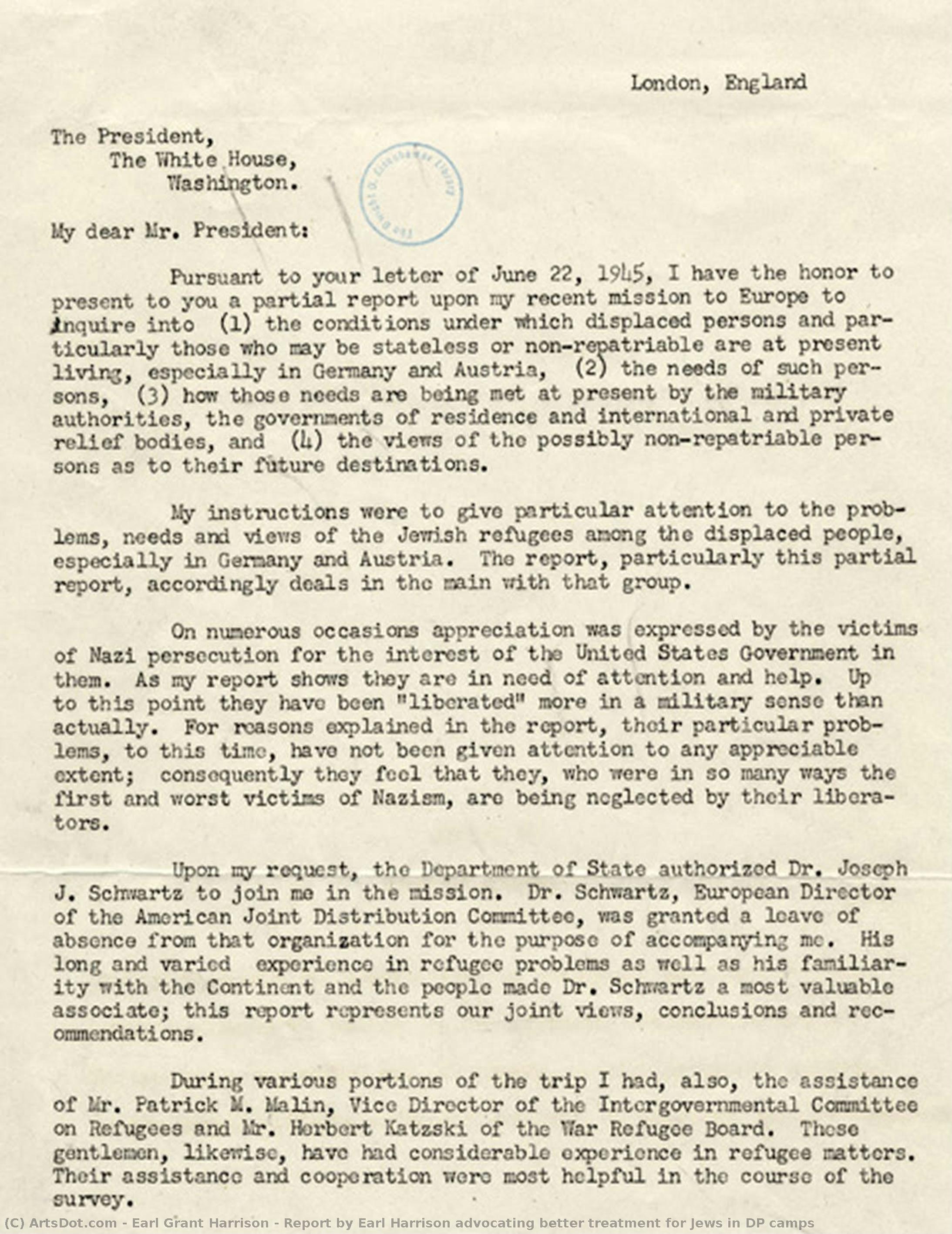Report By Earl Harrison Advocating Better Treatment For Jews In Dp Camps — Earl Grant Harrison