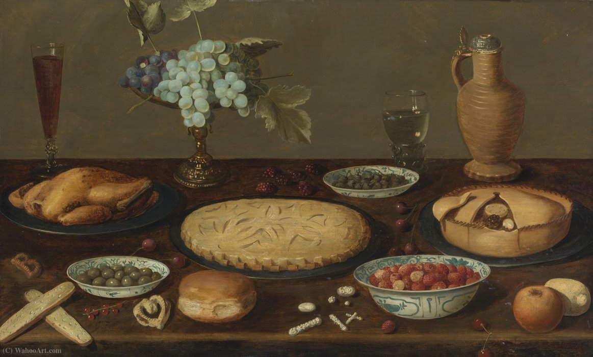 Still Life With Meat Pies, A Roast Fowl, Olives, Capers And Strawberries — Jacob Foppens Van Es