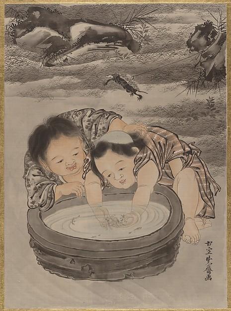 Two Children Playing With Goldfish — Kawanabe Kyōsai