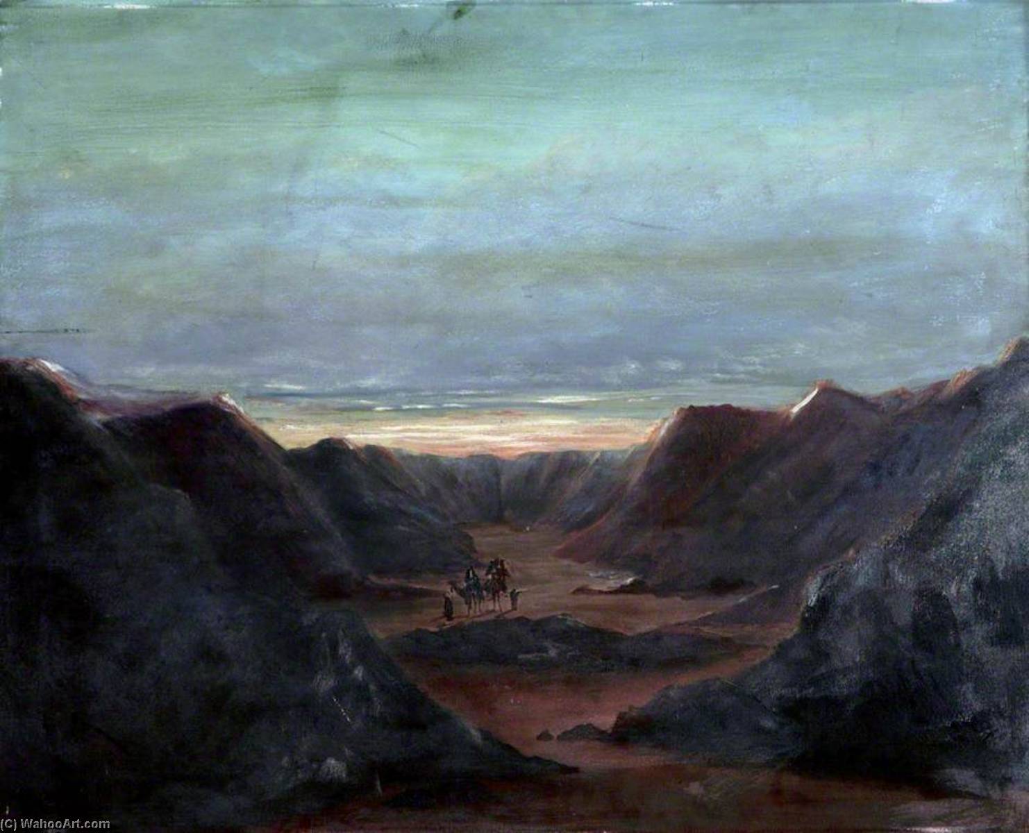 Mountainous Landscape With Camel Riders In A Valley At Sunset — Caroline Emily Gray Hill