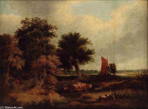 Cattle Watering In A Wooded Landscape, With A Wherry Near Norwich — James Stark