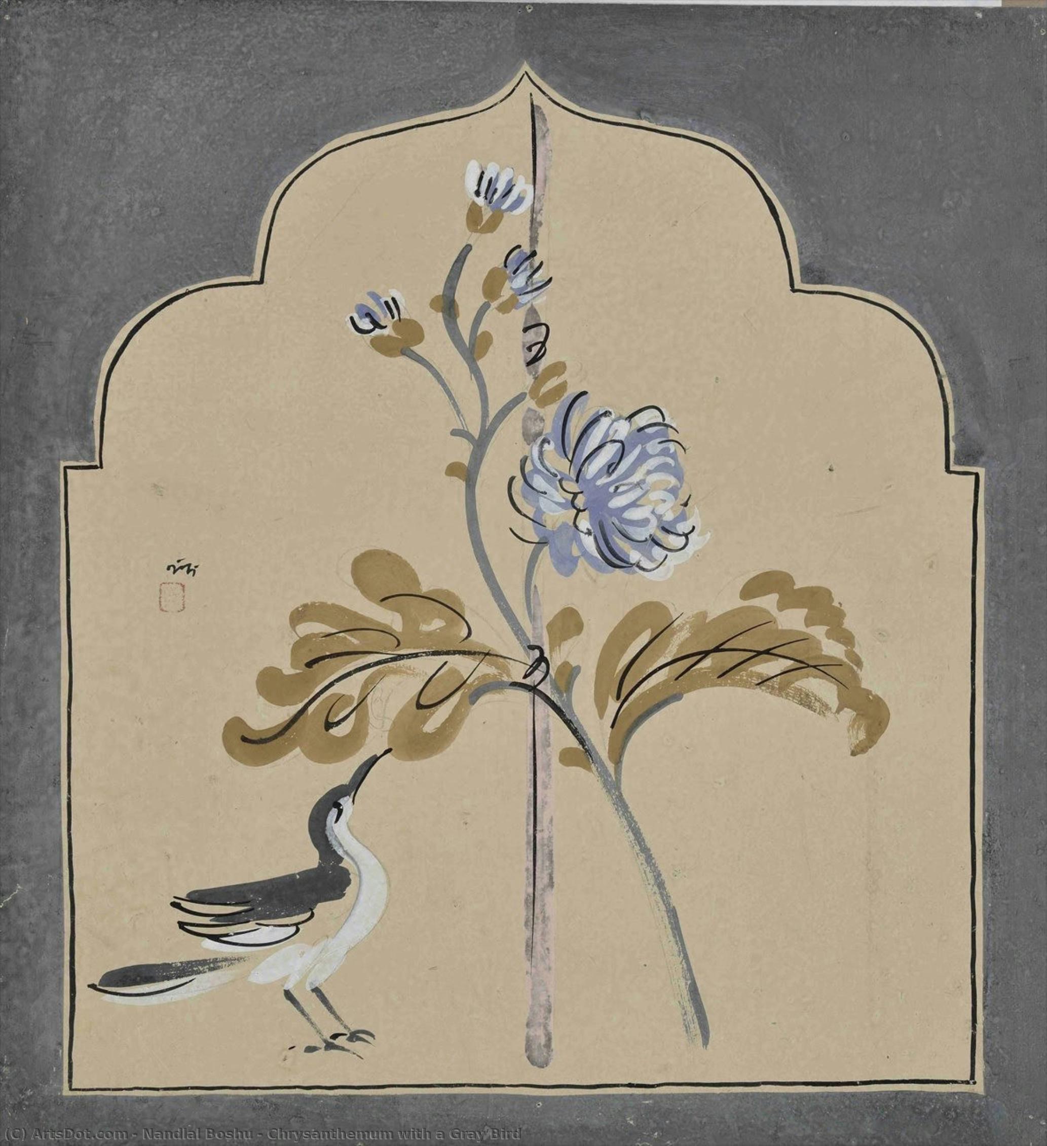 Chrysanthemum With A Gray Bird — Nandlal Boshu
