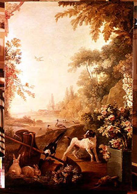 Two Rabbits, A Magpie And A Dog — Jean Baptiste Huet