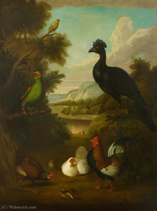 Canary, Green Parrot And Other Birds In A Landscape — Tobias Stranover