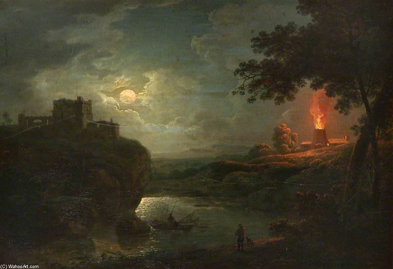 A Castle And Burning Kiln Over A River By Moonlight — Abraham Pether