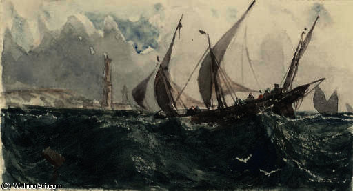 Xebecs In The Mediterranean Before A Lighthouse — ウィリアム・ワイルド
