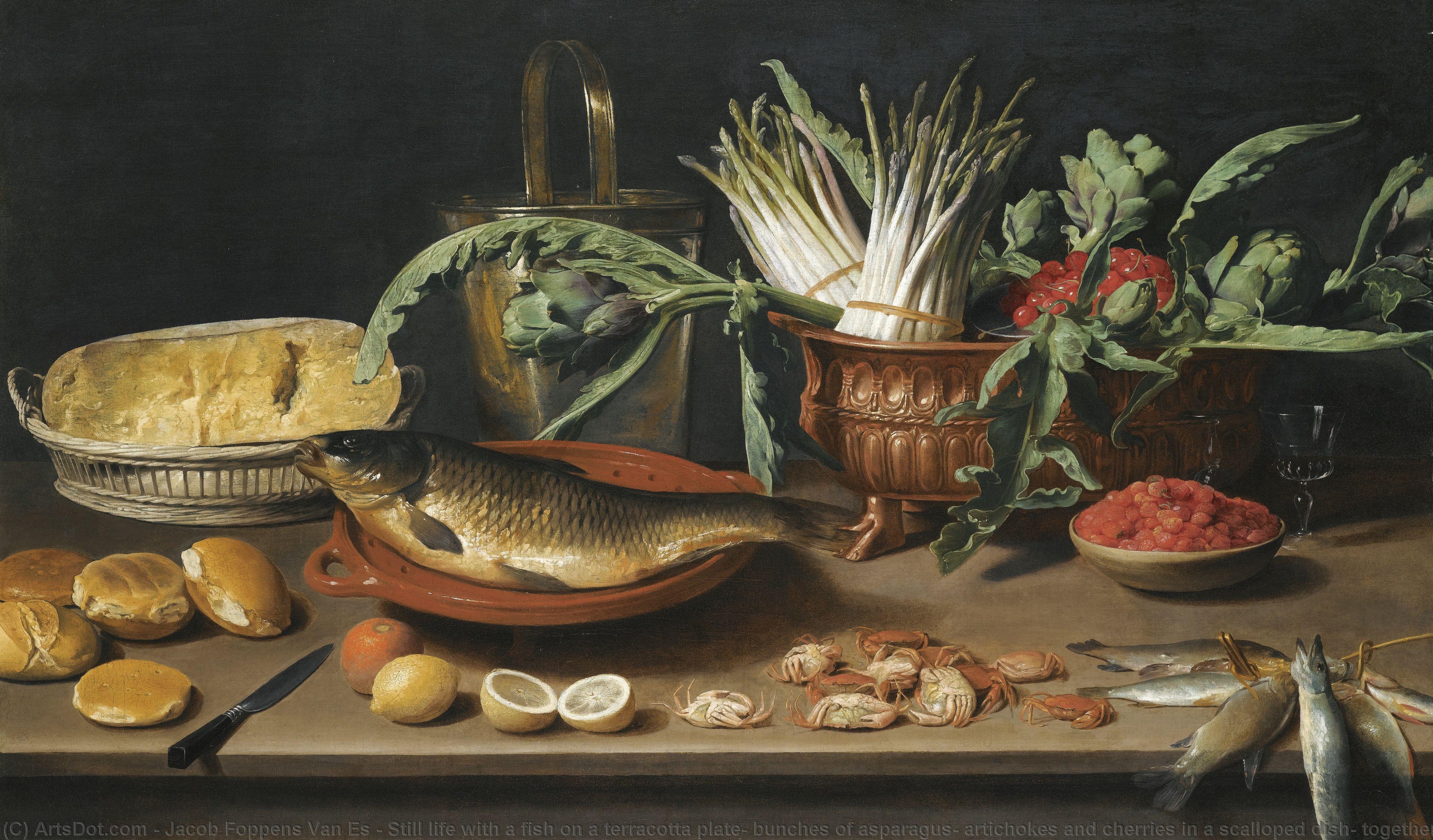 Still Life With A Fish On A Terracotta Plate, Bunches Of Asparagus, Artichokes And Cherries In A Scalloped Dish, Together With Half A Cheese In A Basket, Bread Rolls, Fraises De Bois, Lemons, Oranges And Crabs All Arranged On A Table Top — Jacob Foppens Van Es
