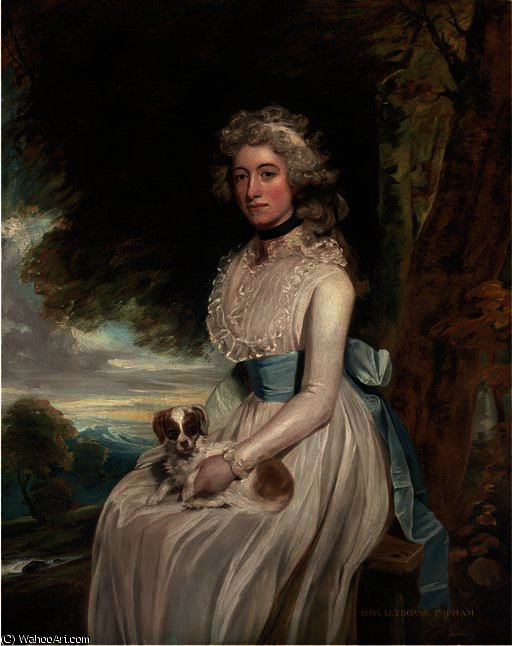 Portrait Of A Lady, Traditionally Identified As Miss Leyborne Popham, Three-quarter-length, In A White Dress With A Blue Sash, A Dog On Her Lap, In A Landscape — George Romney