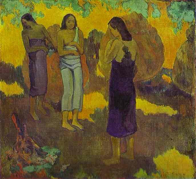 Three Tahitian Women Against A Yellow Background — Евгејн Жорж Паул Гаугин