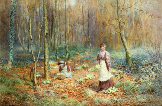 Woodland Scene, With Young Woman And Child Gathering Primroses — Joseph Kirkpatrick