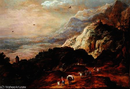 A Mountainous Landscape With Figures And Mules — Joos De Momper The Younger
