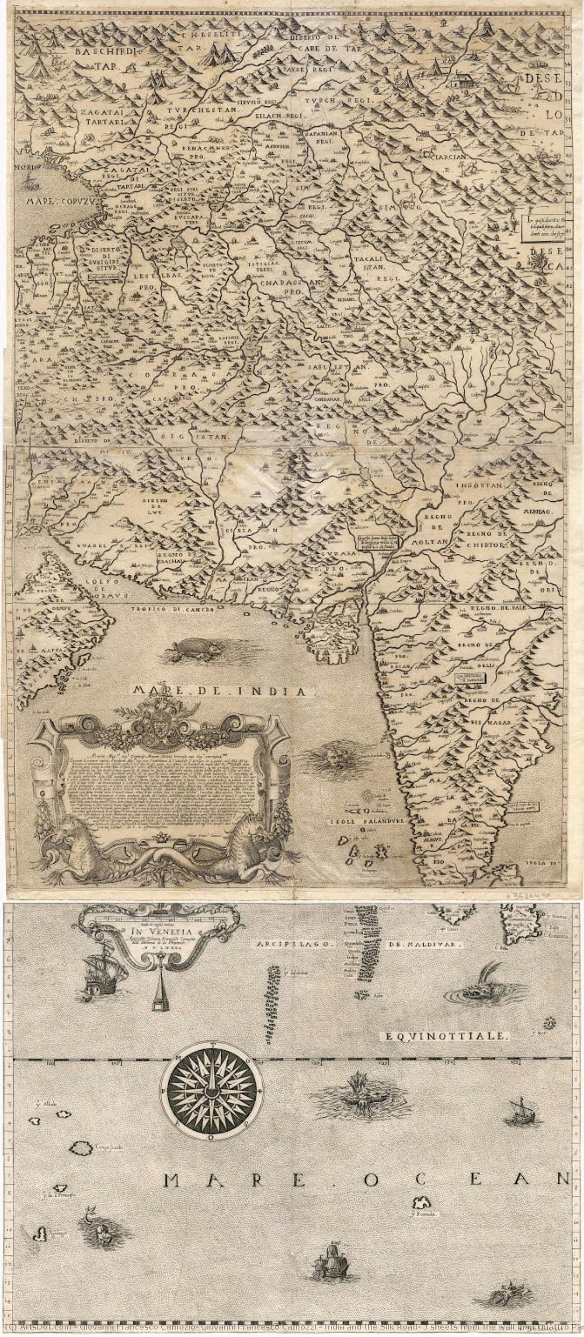 India And The Silk Road, 3 Sheets From The Wall Map Quattro Parte Del Mondo — Giovanni Francesco Camozio