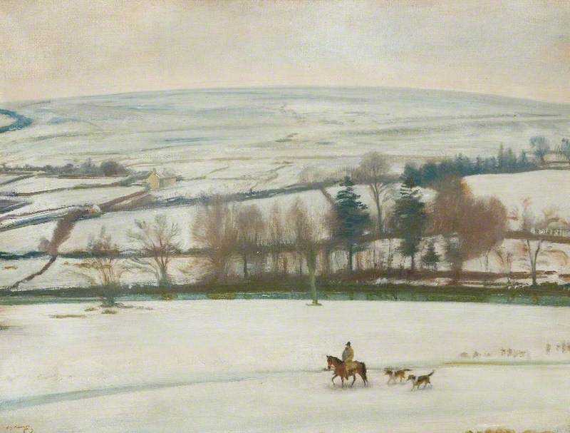 Winter At Withypool, Exmoor A Winter Landscape, A Rider And Two Hounds In The Foreground — Sir Alfred James Munnings
