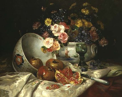 Still Life Of Flowers In A Chinese Vase With Pomegranates — Eugene Henri Cauchois