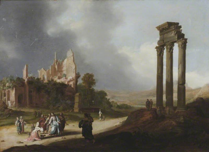 Classical Ruins With Christ And The Woman Of Samaria — Bartolomeus Brenberg