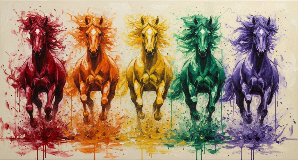 Spectral Momentum: A Monumental Symphony Of Five Charging Equine Forms In Motion — Laurent Delcourt