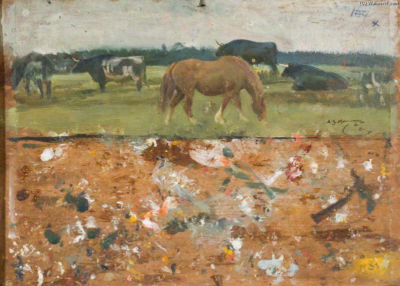 Study Of A Horse And Bullocks Grazing — Sir Alfred James Munnings