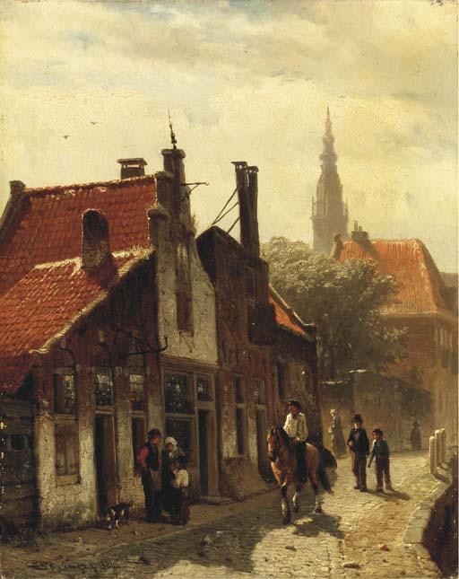 Gezicht Op De Voldersgracht Te Haarlem. Figures On A Canal Side In Haarlem, The St. Bavo Church Beyond — Cornelis Springer