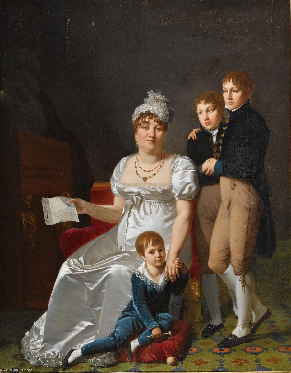 Portrait Of Madame B., Née Etiennette Delagrange, Full Length, Seated, Wearing A White Dress And Hat, Holding A Letter, With Her Three Sons — Jacques Antoine Vallin