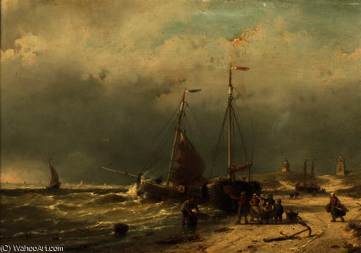 Unloading The Catch On The Beach Of Scheveningen — Andreas Schelfhout