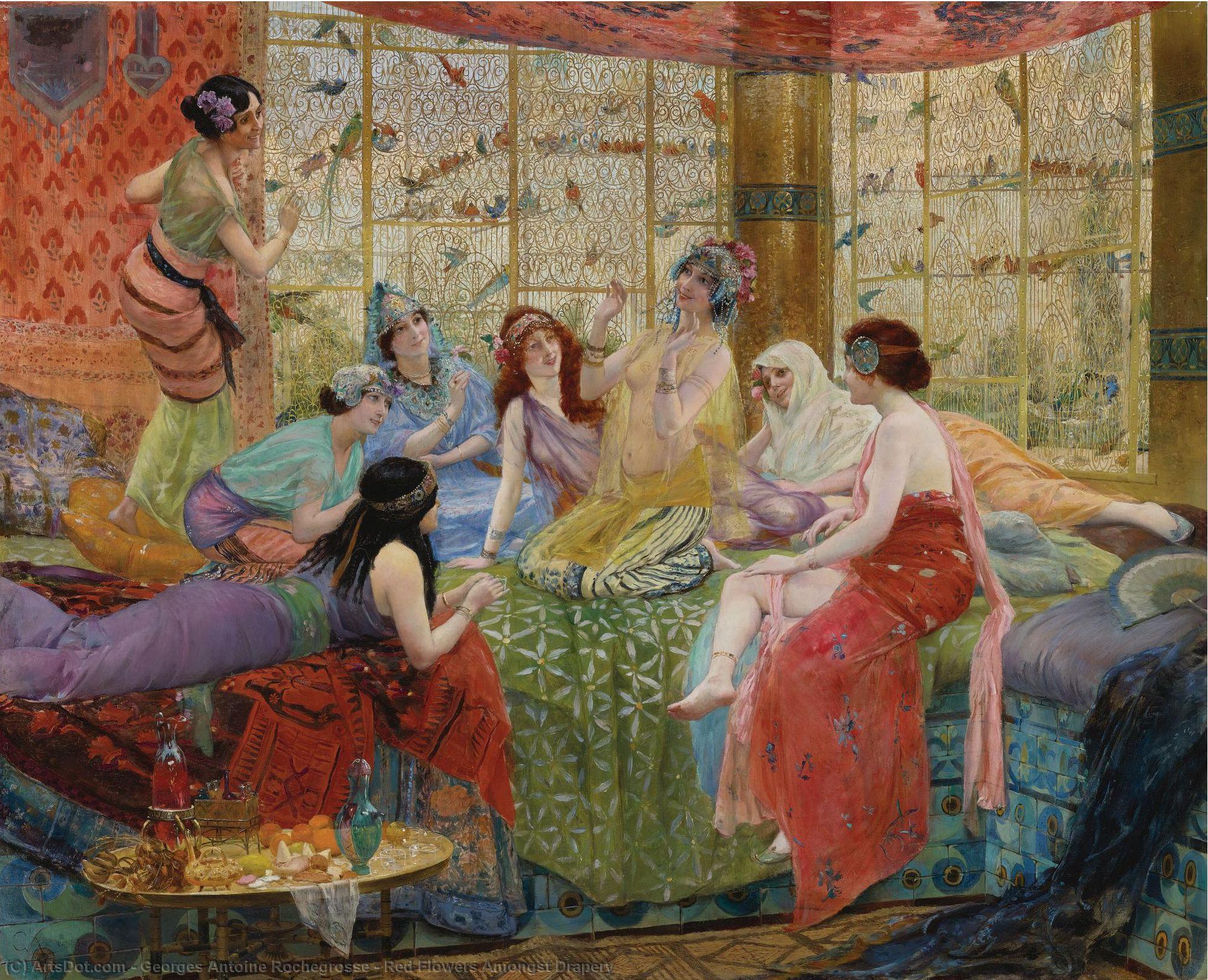 Red Flowers Amongst Drapery — Georges Antoine Rochegrosse