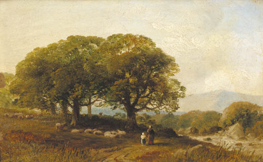 Figures By A Flock Of Sheep On A Riverside Track — Frederick Richard Lee