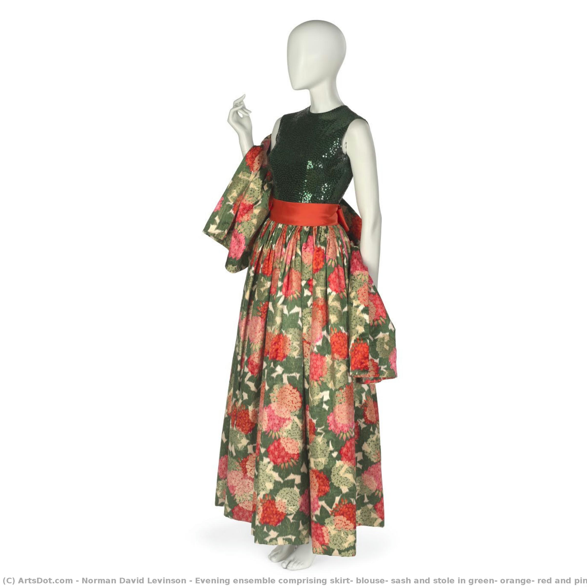 Evening Ensemble Comprising Skirt, Blouse, Sash And Stole In Green, Orange, Red And Pink Warp-printed Floral Pattern — Norman Norell