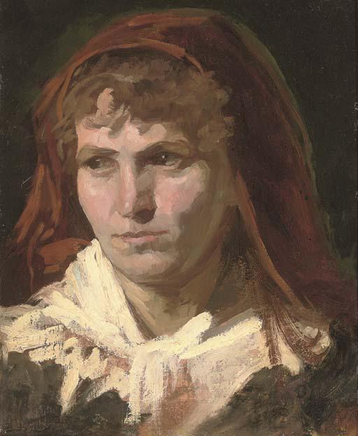 Portrait Of A Lady, Bust-length, In A Red Headscarf — Frank Duveneck