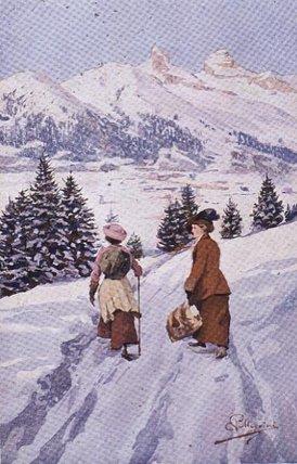 Two Women Walking In The Snow Near Tour — Carlo Pellegrini
