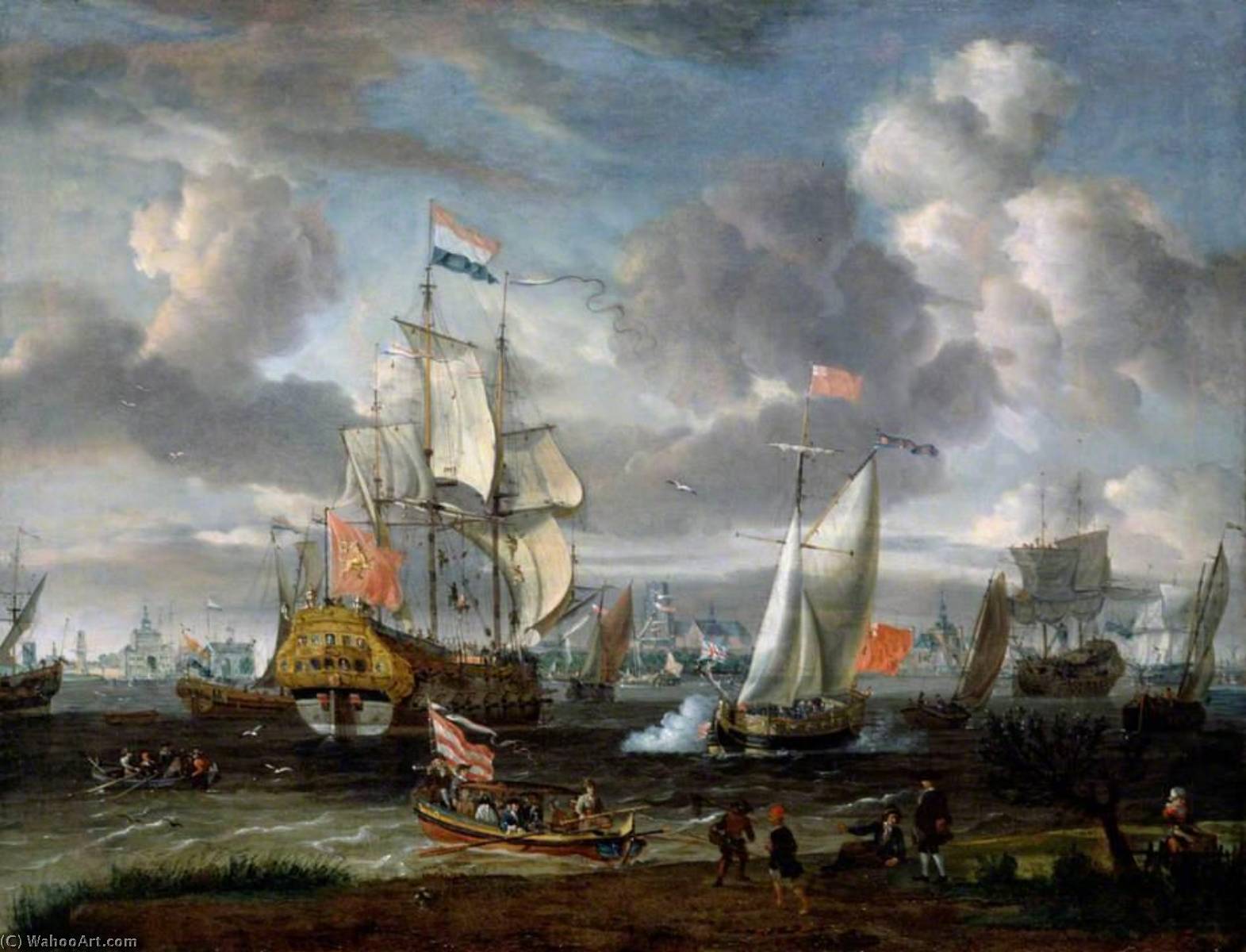 An English Yacht Saluting A Dutch Man Of War In The Port Of Rotterdam — Abraham Storck