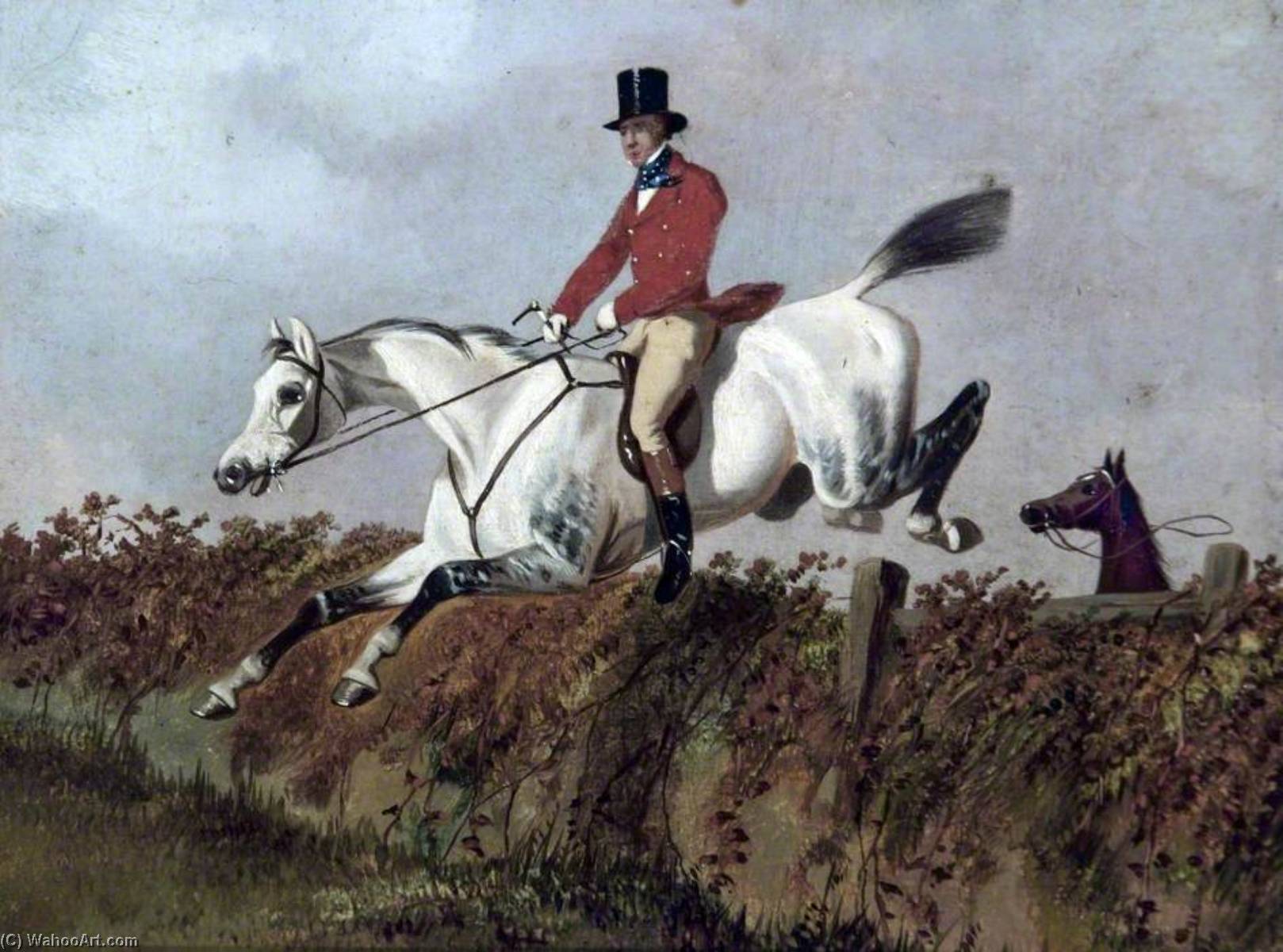 Gentleman On A Grey Horse Taking A Fence — John Dalby