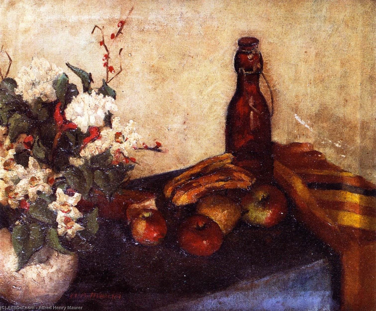 Still Life Of Flowers In A Bowl, Fruit And A Glass Bottle — Alfred Henry Maurer