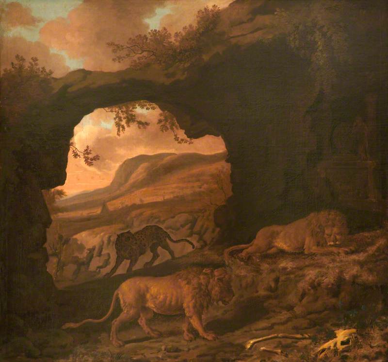 A Pair Of Lions With A Leopard In A Cave — Dirck Van Den Bergen