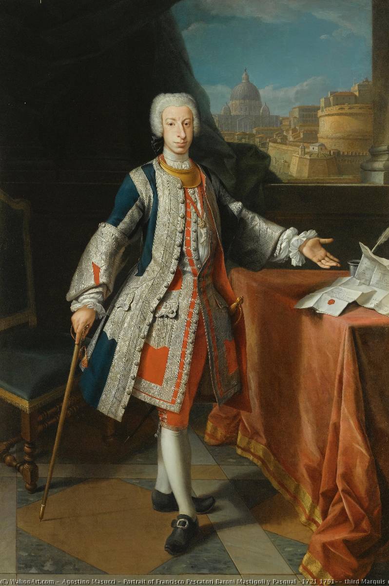 Portrait Of Francisco Pescatori Baroni Mastigoli Y Pasqual (1721 1791), Third Marquis Of San Andrès De Parma, Full Length, Wearing The Spanish Order Of Saint James Of The Sword, Behind Him A View Of Rome With Castel Sant'angelo And The Basilica Of St.... — Agostino Masucci