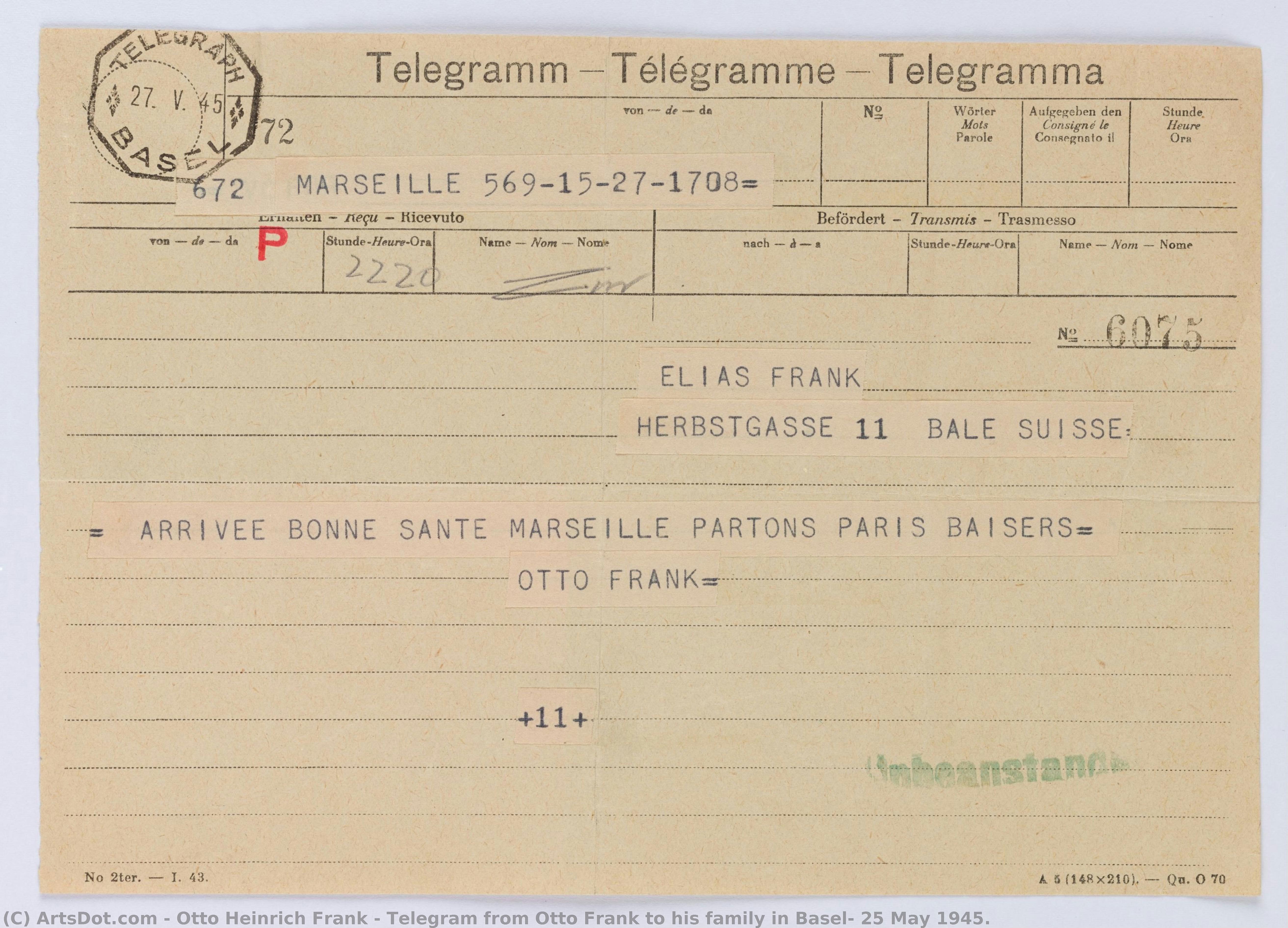 Telegram From Otto Frank To His Family In Basel, 25 May 1945. — Otto Heinrich Frank