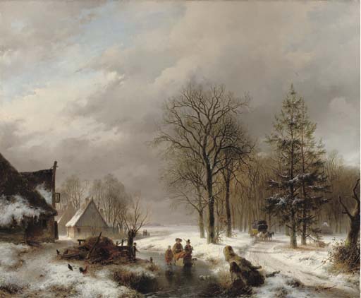 Villagers On The Ice By Farmhouses, A Diligence Approaching — Andreas Schelfhout